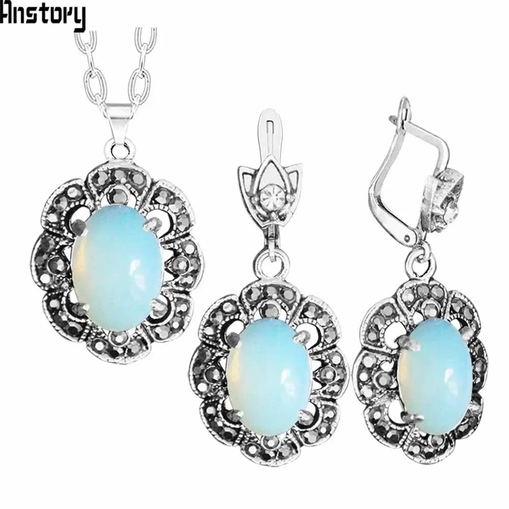 Oval Transparent Opal Necklace Earrings Jewelry Se..